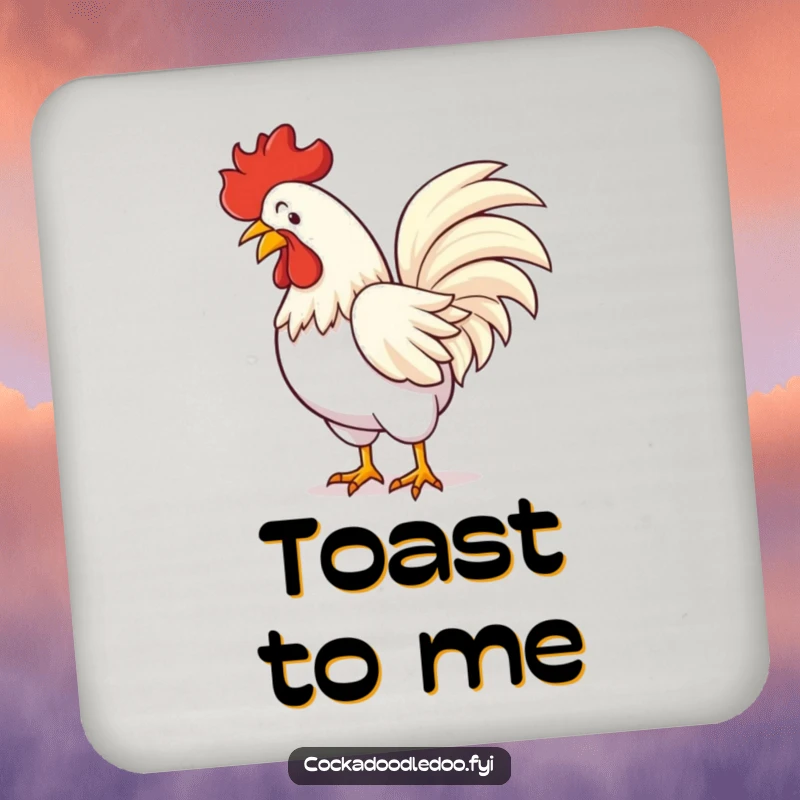 Funny drink coaster displaying a rooster in a flamboyant bow, tail feathers dramatically spread, adding a touch of humor.