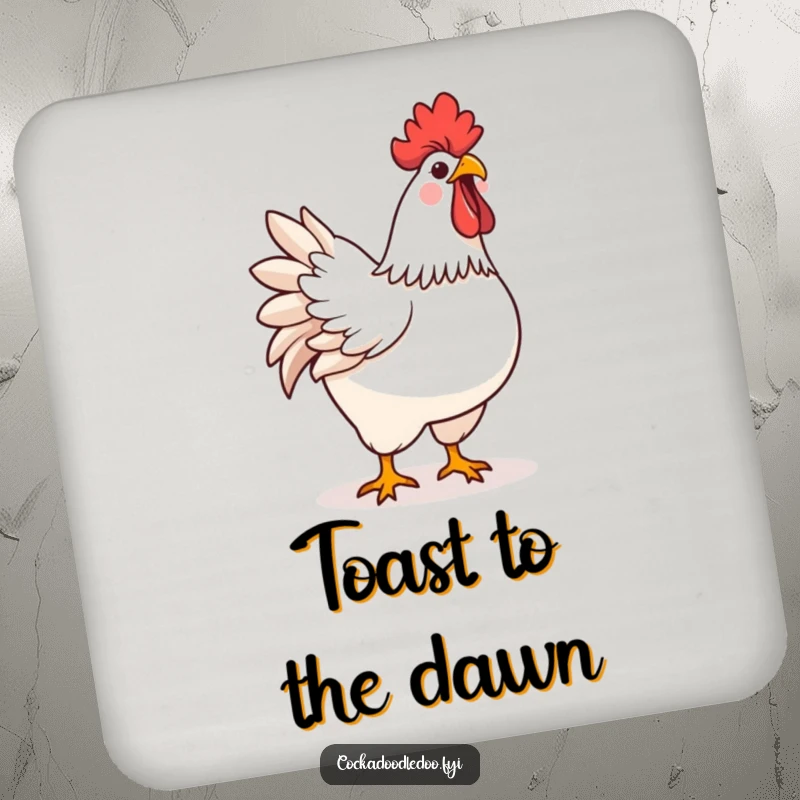 Funny kawaii rooster crowing joyfully on a drink coaster, adding a cheerful morning touch.