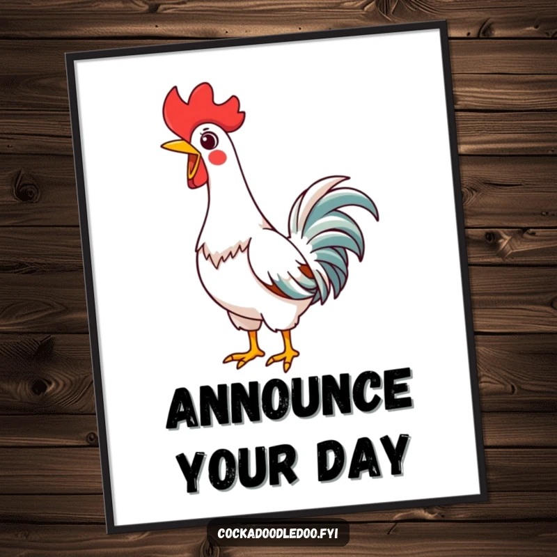 Funny Kawaii Rooster Poster, neck stretched high, letting out a joyful crow, vibrant and humorous wall art.