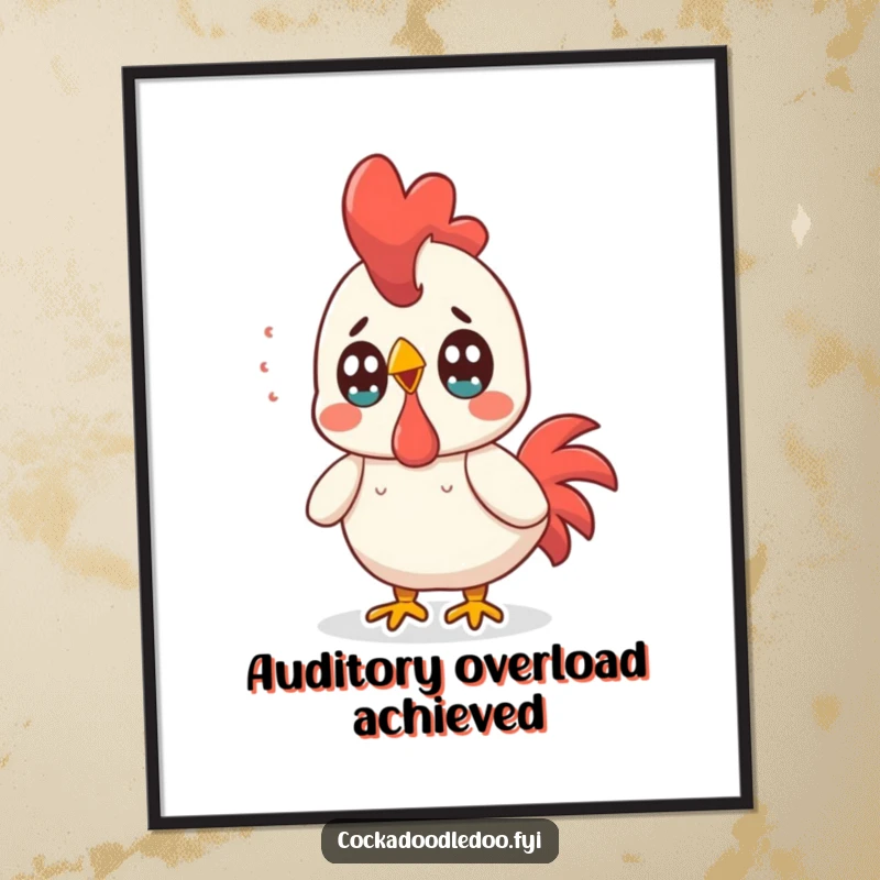 Funny Kawaii Rooster Poster: Wide-eyed, surprised rooster, capturing a moment of comical shock for humorous wall decor.