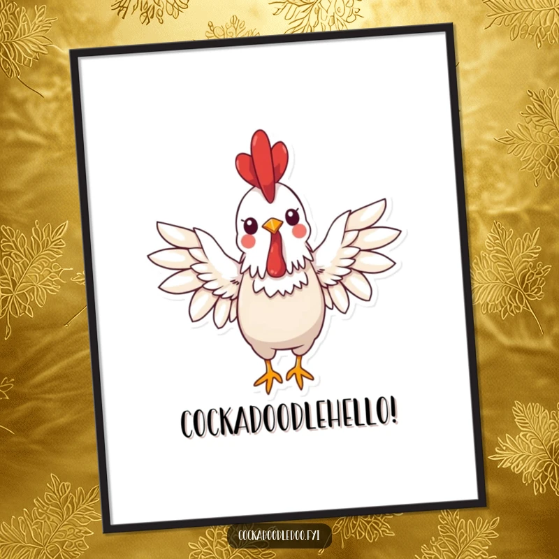 Funny kawaii rooster poster showcasing a cheerful rooster with wings spread wide in a greeting, a fun funny gift.