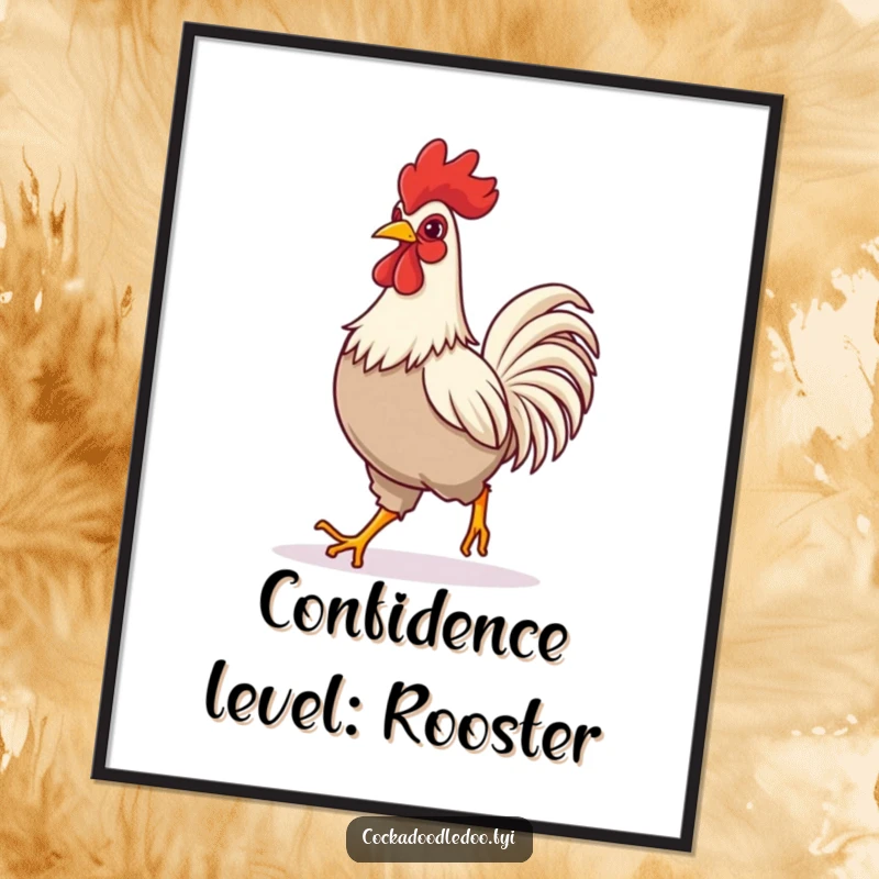 Funny poster art of a rooster walking with a confident, happy stride, perfect for adding a humorous and inspiring touch.