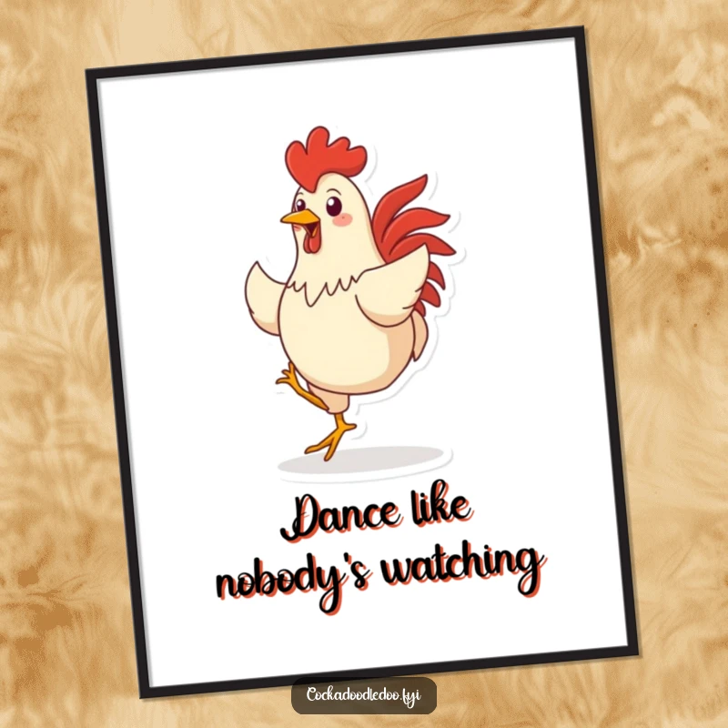 Funny poster print of a delightful rooster character captured mid-dance, full of life and farmyard merriment, a true eye-catcher.