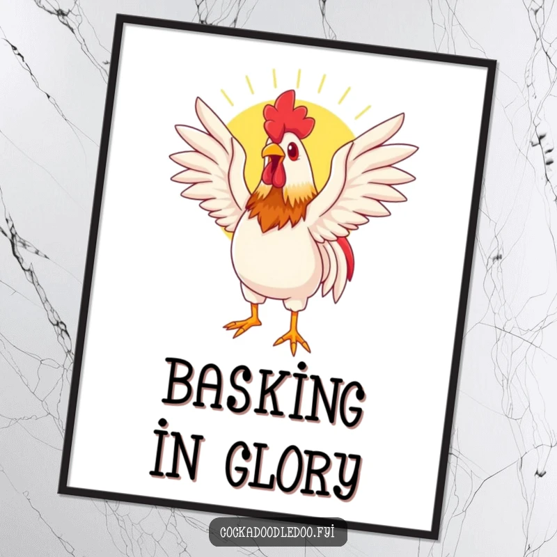 Funny poster print of a rooster luxuriating in sunlight, wings spread wide, capturing a moment of pure, tranquil bliss.