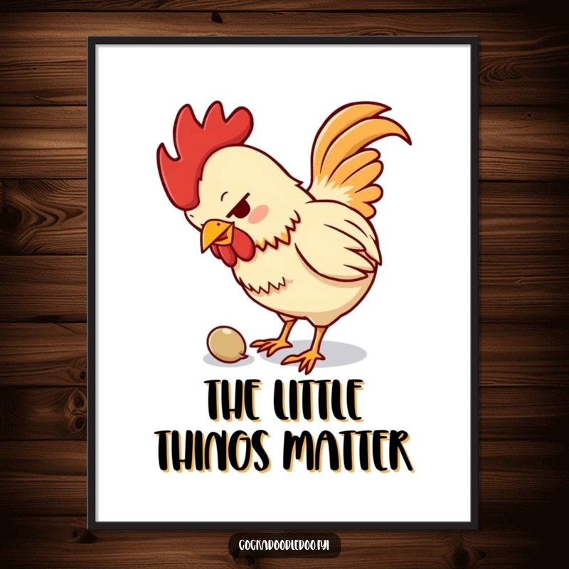 Funny poster illustrating a small, determined rooster pecking with intense focus at a minuscule seed, creating a comical scene.