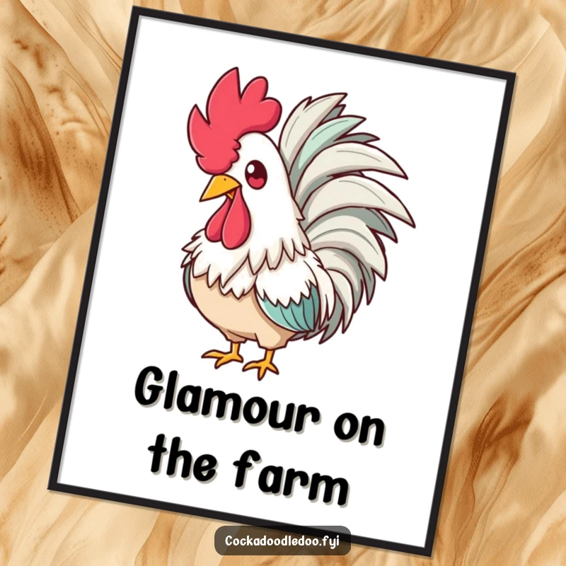 Funny poster art of a glamorous rooster with a feathered boa, looking amused, adding fabulous diva charm to decor.