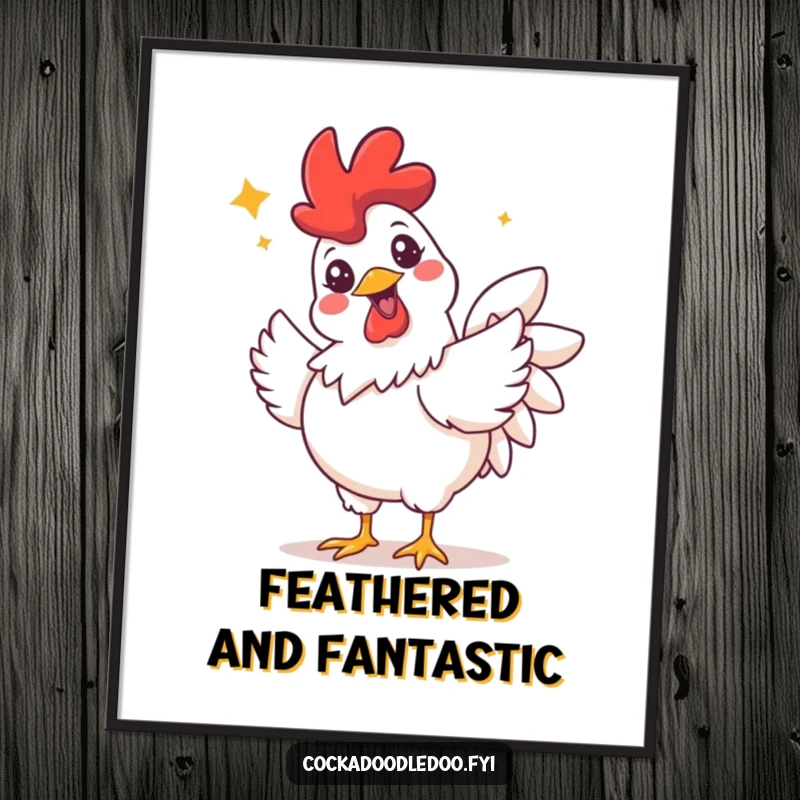 Funny poster of a rooster with a wide, infectious grin and sparkling eyes, performing an ecstatic celebratory flutter.
