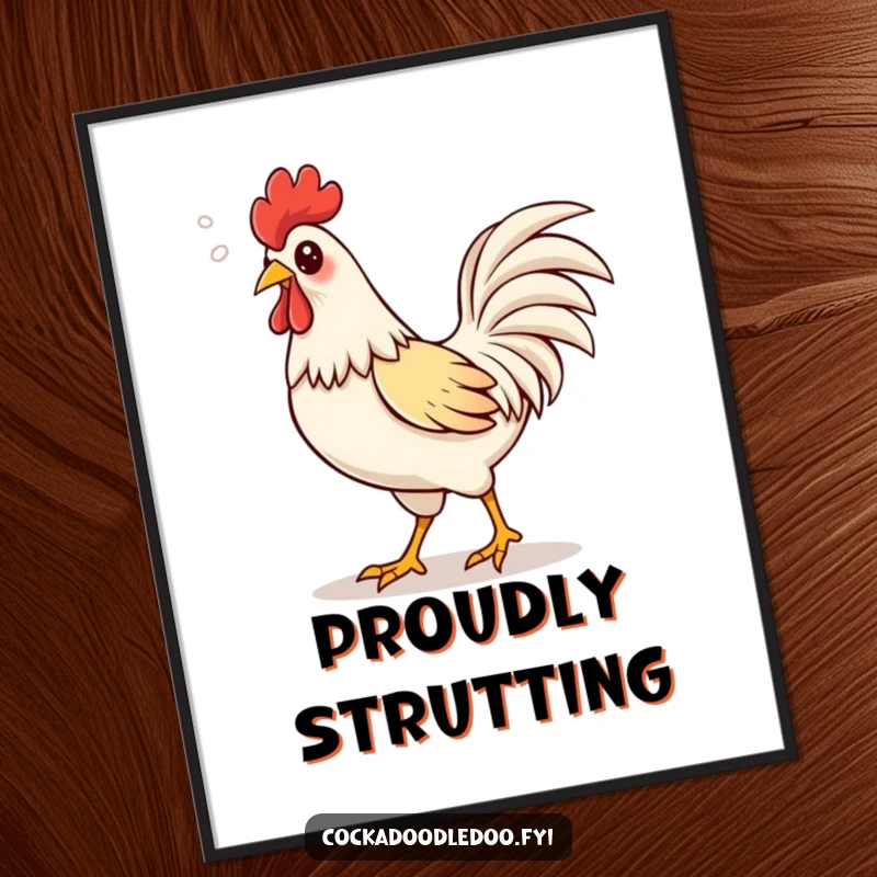 Funny Kawaii rooster poster featuring a cute rooster strutting proudly, puffs of air escaping its beak in a happy sound.