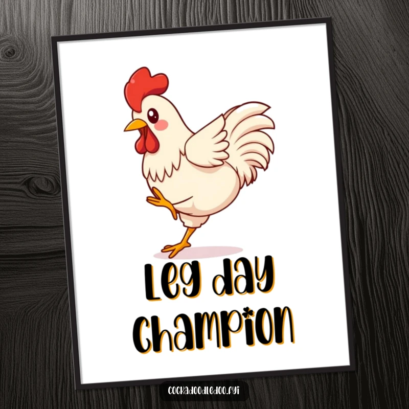 Funny Kawaii Rooster Poster capturing a bird mid-kicking frenzy, legs flailing with contagious, exuberant, and playful energy.