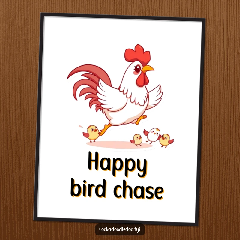 Funny Rooster Poster, playfully chasing smaller cartoon birds happily, humorous wall art about fun.