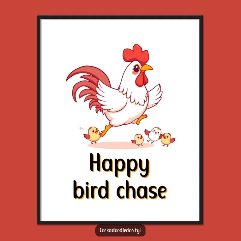 Funny Playful Rooster Poster: Happy Chase Art, Perfect Humorous Wall Decor