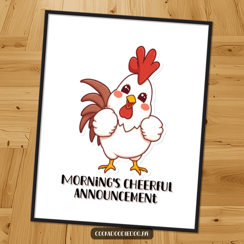 Funny poster illustrating a proud rooster character puffing out its chest and crowing with a wide, joyful smile, capturing a moment of confident morning cheer.