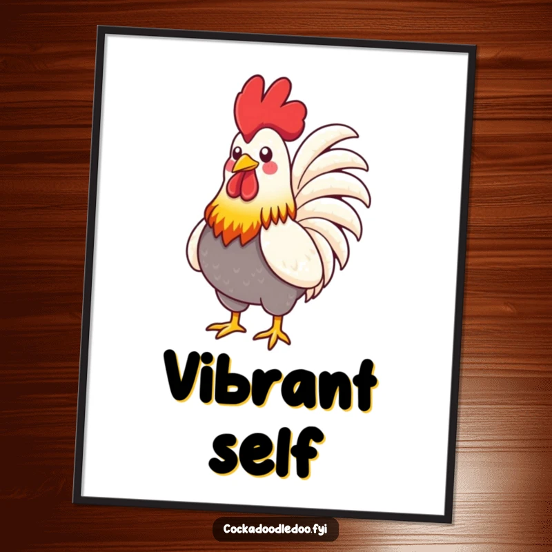Funny Rooster Poster: A stylized rooster with vibrant feathers proudly puffing its chest, symbolizing confidence and charisma.