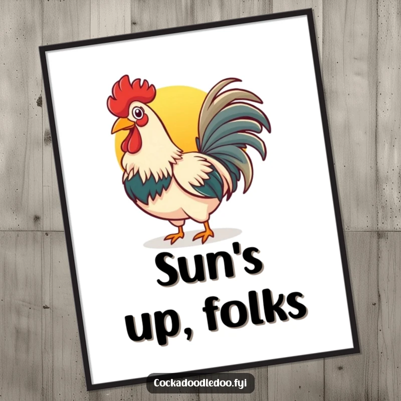 Funny rooster poster depicting a cheerful bird with a wide beak crowing enthusiastically at the golden sunrise.