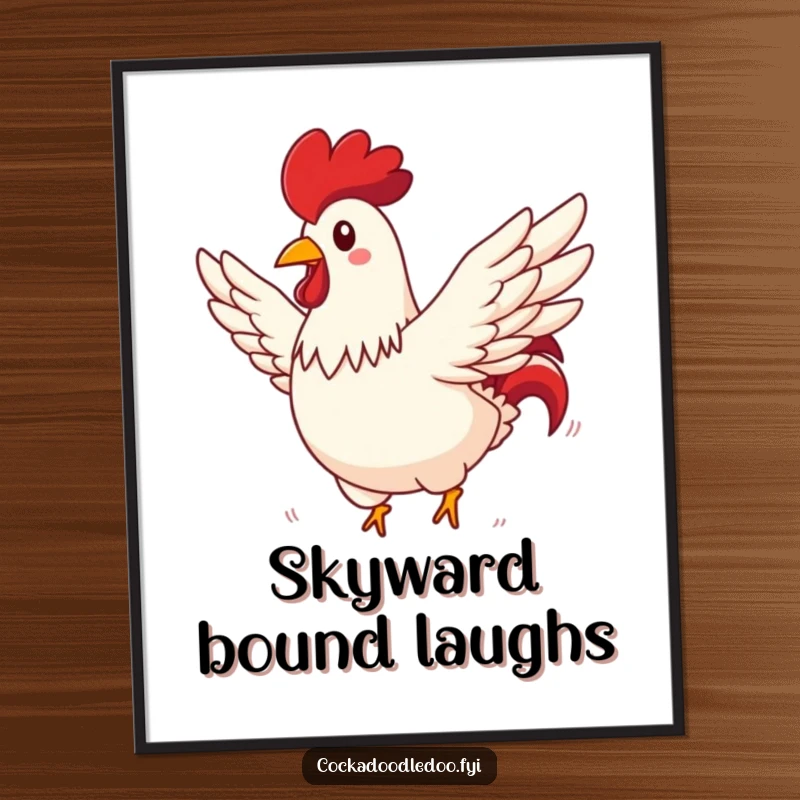 Funny rooster poster of a rooster with wings spread wide, comically flying through a sunny sky, conveying humor.