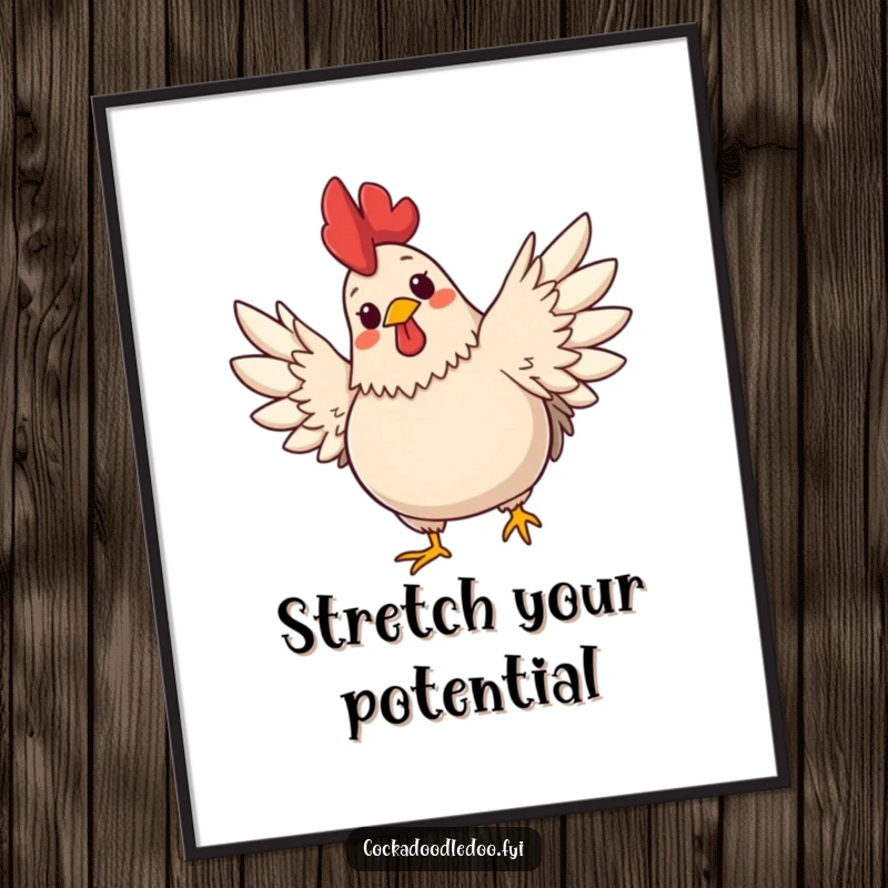 Funny poster depicting a plump, cute rooster with a cheerful expression stretching its wings wide. Captures morning spirit and joy.