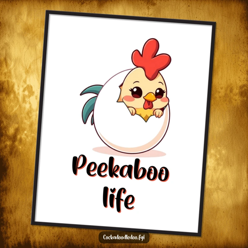 Funny Shy Rooster Egg Poster: An art print of a shy rooster peeking cautiously from behind an oversized, funny egg.