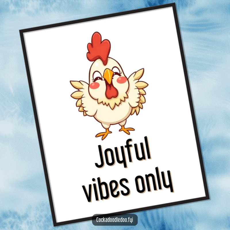 Funny poster art of a stylized rooster with an exaggerated joyful expression, perfect for adding vibrant happiness to walls.