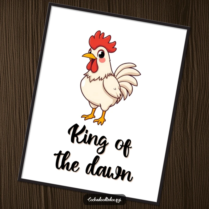 Funny rooster poster of a proud rooster crowing loudly, chest puffed out, embodying comical joy and confidence.