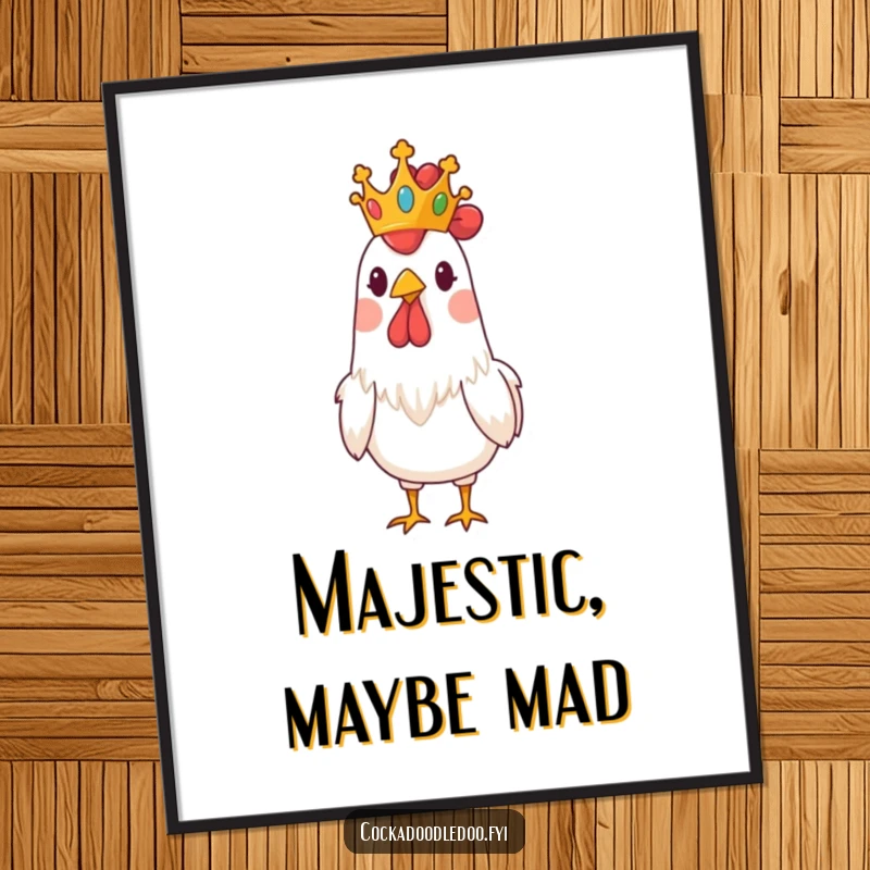 Funny poster print of a rooster wearing a small crown, looking comically regal and full of self-importance.