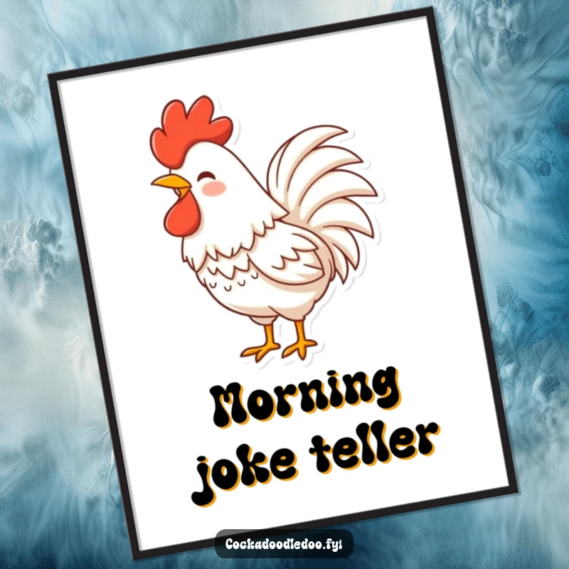 Funny Rooster Poster Print of a character with fluffy tail feathers shaking with laughter, adding lively and humorous decor.