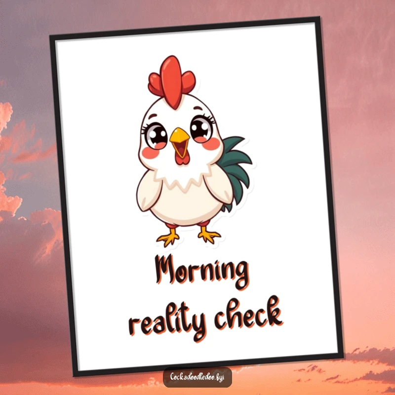 Funny surprised rooster poster, wide-eyed at dawn. Humorous wall art for those who appreciate a shocking sunrise, a great gift.