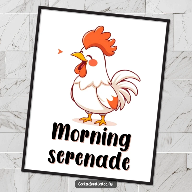 Funny Rooster Poster: A cartoon rooster with a golden comb delivering a powerful singing performance with humorous flair.