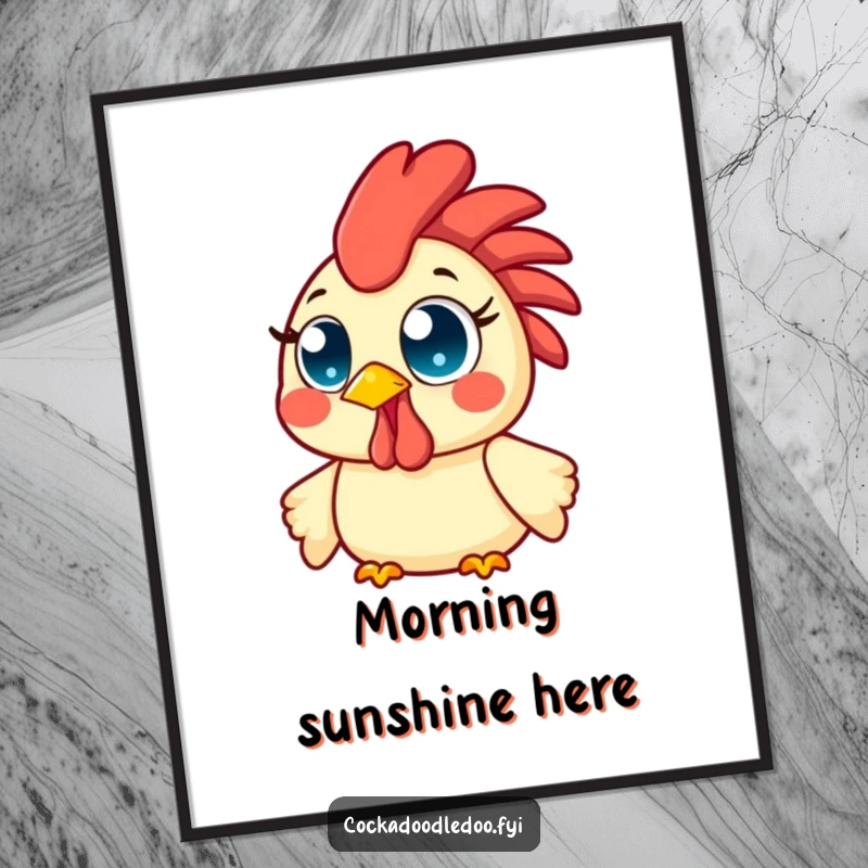 Funny Kawaii Rooster Poster featuring a delightful bird with wide, bright eyes, beaming with pure, unadulterated morning cheer.