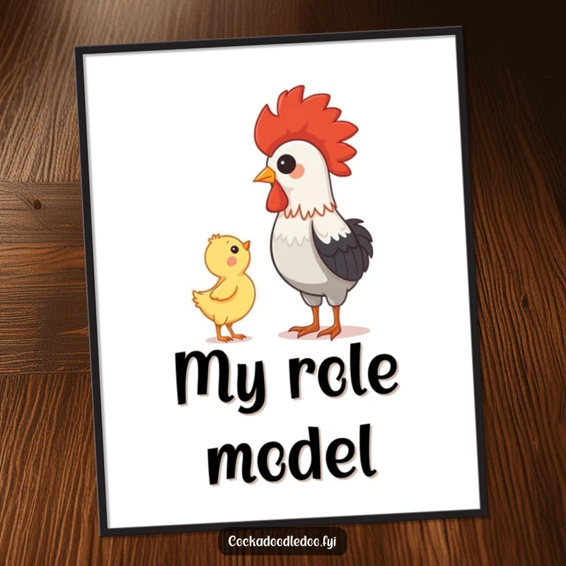 Funny art print showing a baby chick looking up with awe at a proud rooster, symbolizing mentorship and cherished relationships.