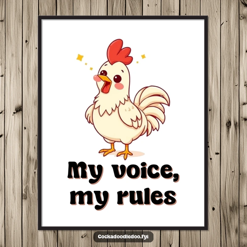Funny rooster poster capturing a rooster with a highly comical expression, head tilted back, singing its heart out.