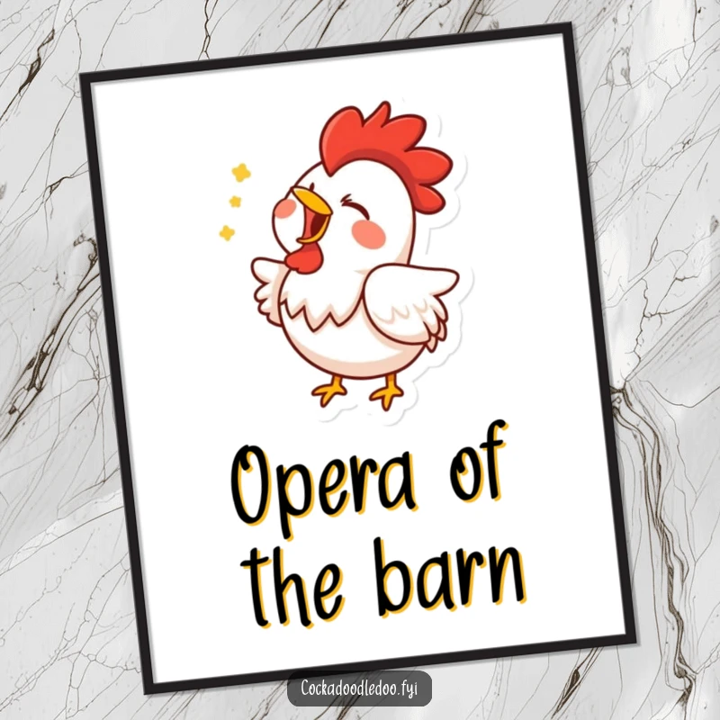 Funny poster print of a rooster character belting out a tune with eyes closed, radiating happiness and musical passion.