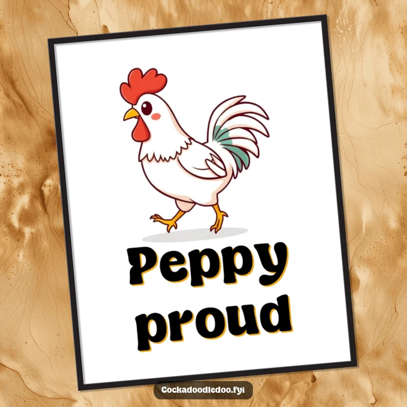 Funny Kawaii rooster poster featuring a happy character strutting confidently with a spring in its step. Positive and vibrant.
