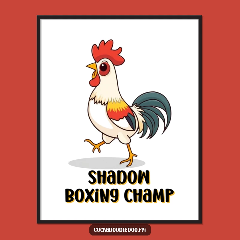 Funny Rooster Shadow Chase Poster - Playful Wall Art for Humorous Spaces