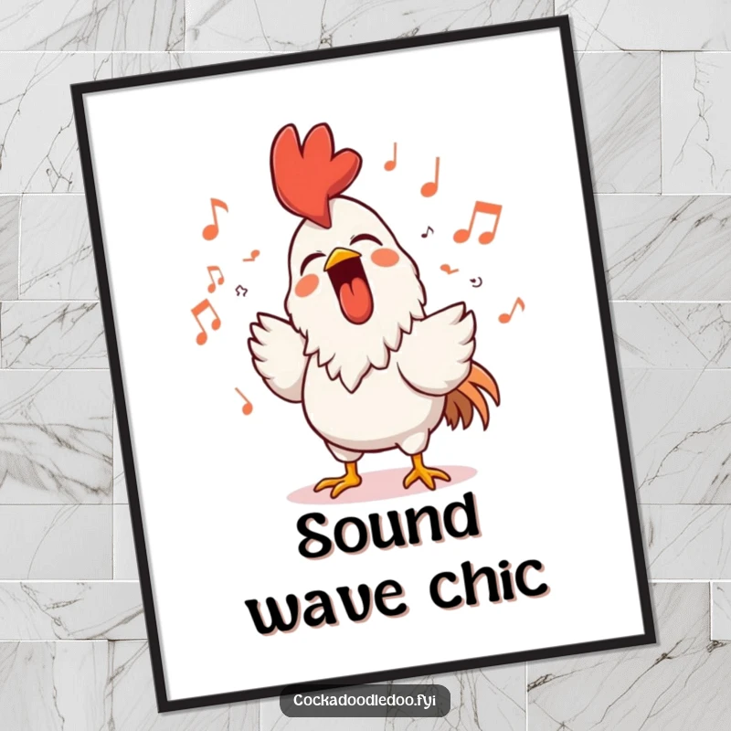Funny rooster poster featuring a character loudly singing with a beaming smile, surrounded by musical notes, radiating pure, joyful musicality.