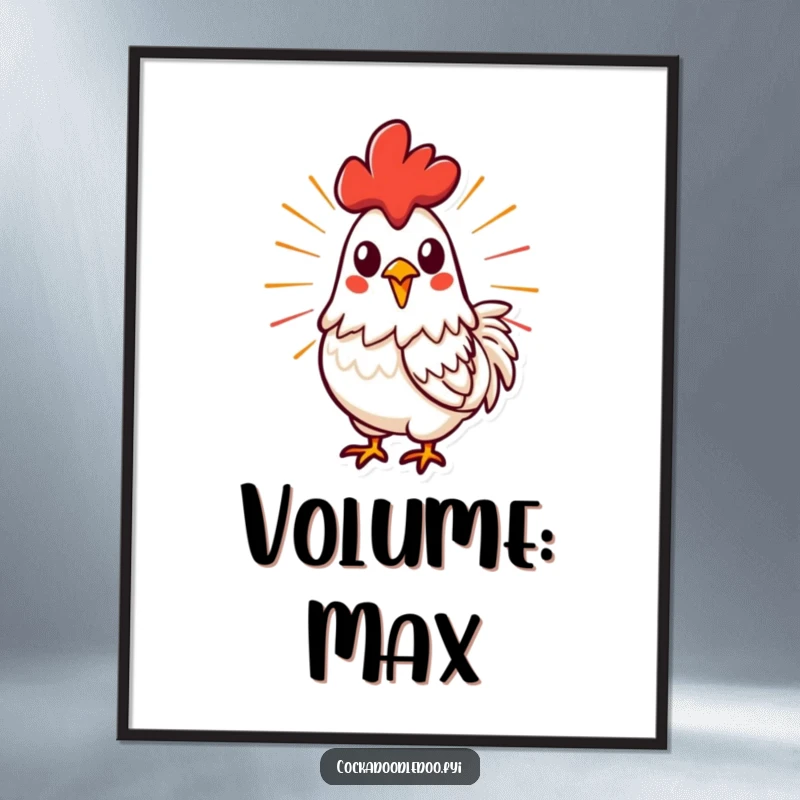 Funny, stylized rooster crowing with energetic lines emanating from its beak, presented as a dynamic poster for powerful wall art.