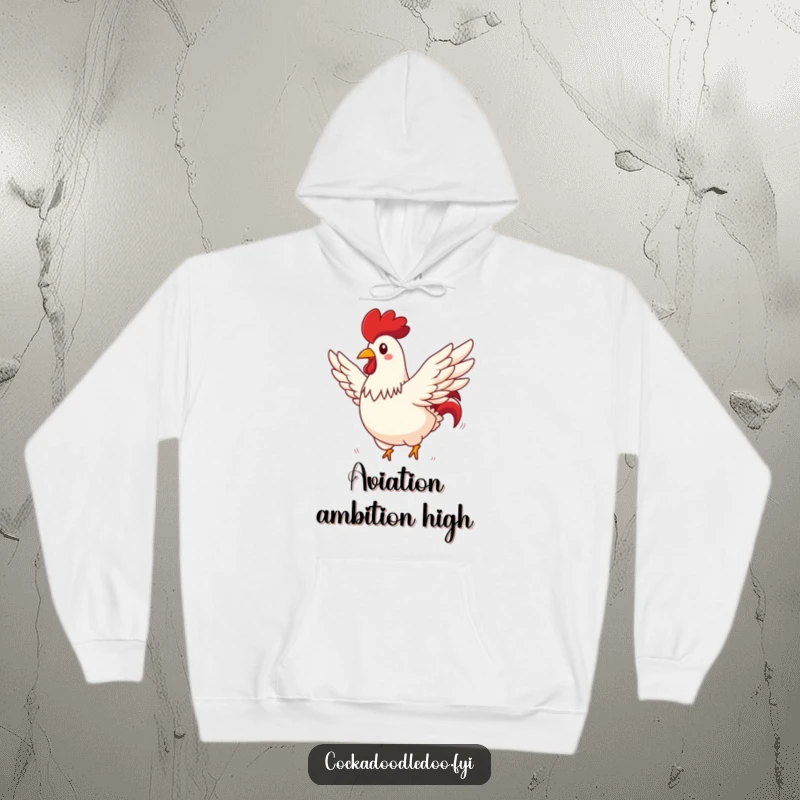 Funny rooster hoodie with a rooster comically flying through a sunny sky, wings spread wide, looking humorous.