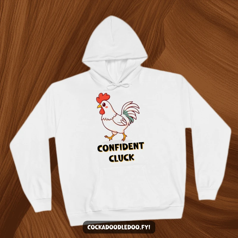 Funny Kawaii rooster hoodie featuring a happy character strutting confidently with a spring in its step. Cozy and cheerful.