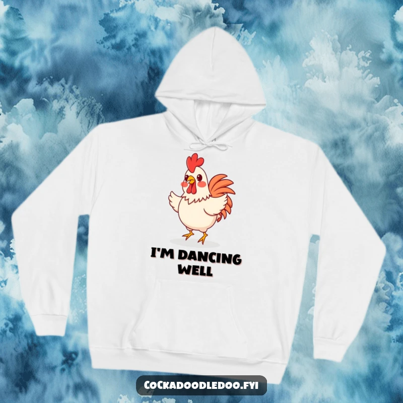 Funny happy rooster doing a jig on a cozy hoodie, perfect for spreading cheer and enjoying ultimate comfort.