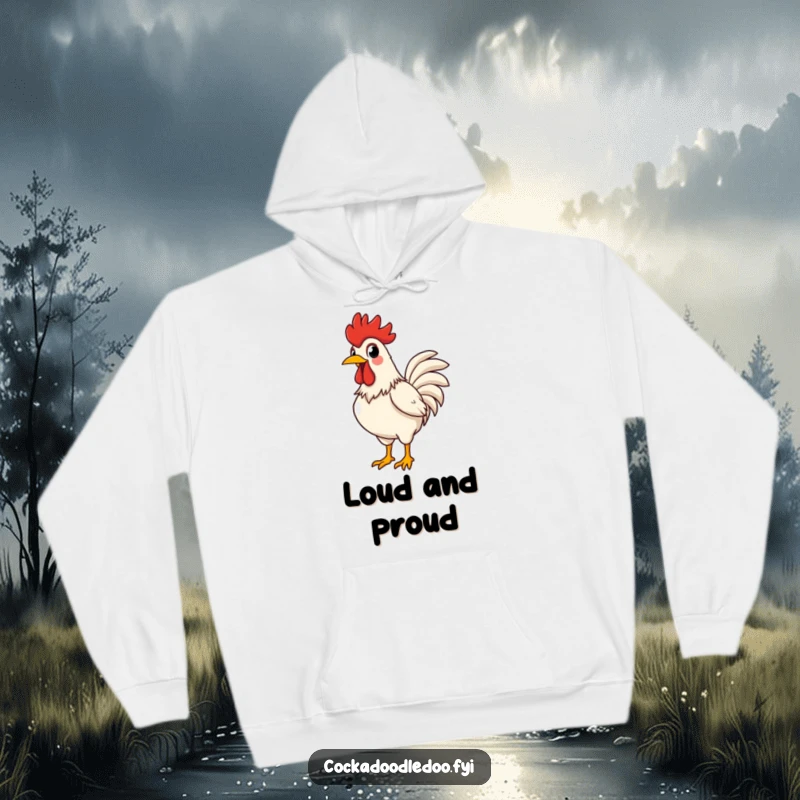 Funny rooster hoodie with a proud rooster crowing loudly, chest puffed out, radiating exaggerated joy.