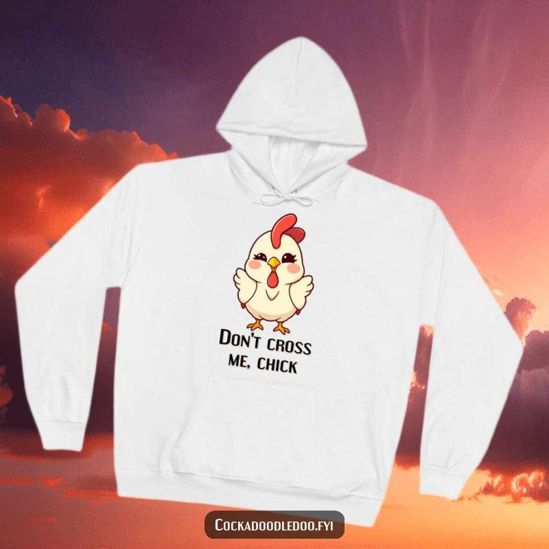 Funny Kawaii Rooster Hoodie showcasing a cute chicken winking with a knowing smile, perfect for cozy, humorous, and stylish wear.