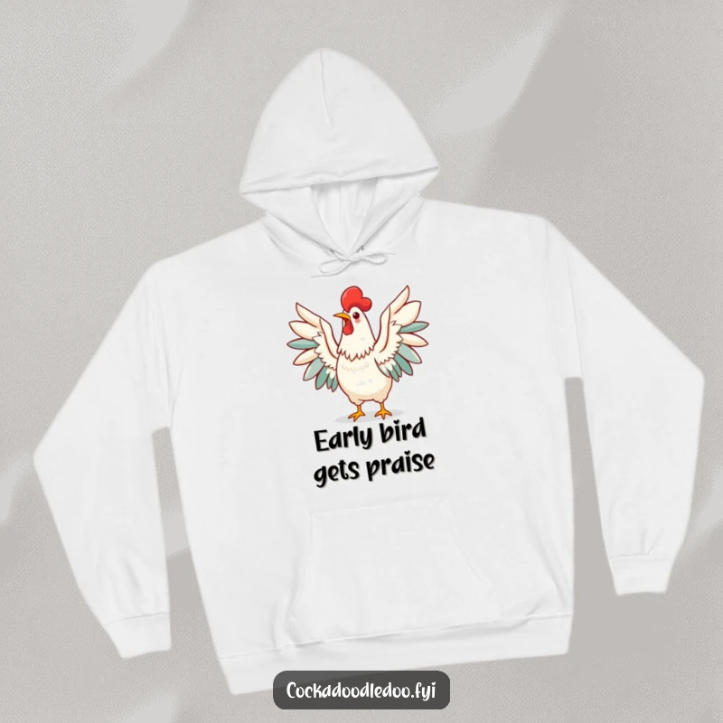 Funny Kawaii Rooster Hoodie, a cheerful bird announcing the day with its wings spread in a loud and happy morning call.
