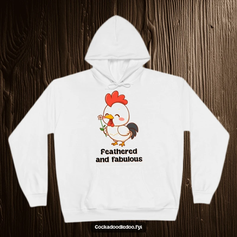 Funny Kawaii rooster hoodie with a cheerful character proudly presenting a single tiny flower. Warm, cozy, and full of smiles.