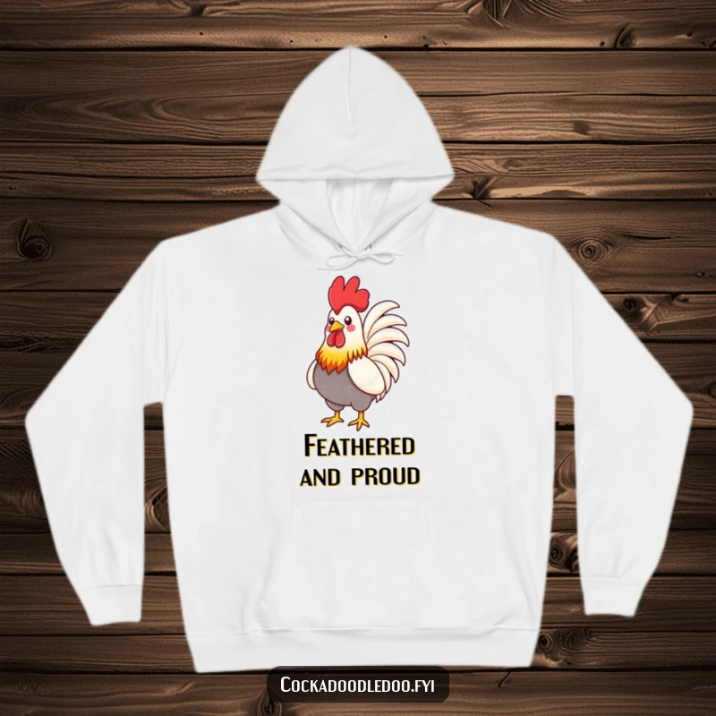 Funny Rooster Hoodie: A stylized rooster with vibrant feathers proudly puffing its chest, offering cozy confidence.