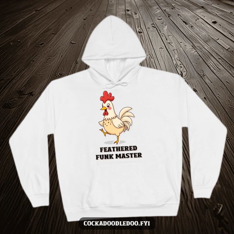Funny Rooster Jig Hoodie: A cozy hoodie featuring a cheerful rooster in a funny dance pose, comb bobbing merrily.