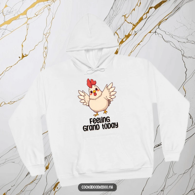 Funny hoodie showcasing a plump, cute rooster with a cheerful expression stretching its wings wide. Comfort meets farmyard fun.