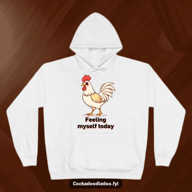 Funny Kawaii rooster hoodie featuring a cute rooster strutting proudly, puffs of air escaping its beak in a happy, cheerful sound.