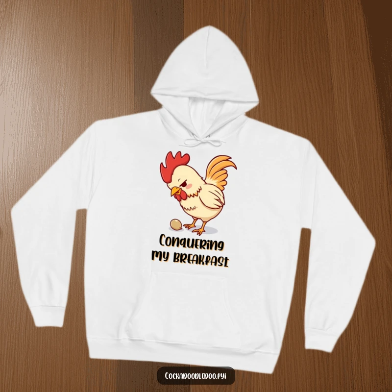Funny hoodie depicting a small, determined rooster intensely pecking at a minuscule seed, radiating humorous focus and drive.