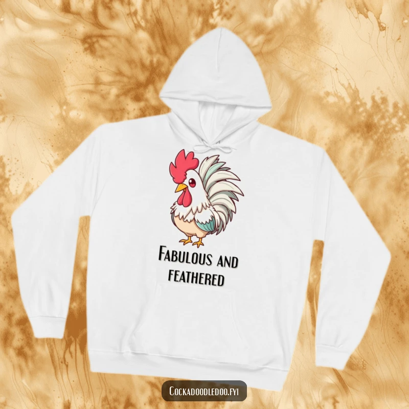 Funny hoodie featuring a glamorous rooster with a feathered boa, radiating amusement and fabulousness for cozy, humorous wear.
