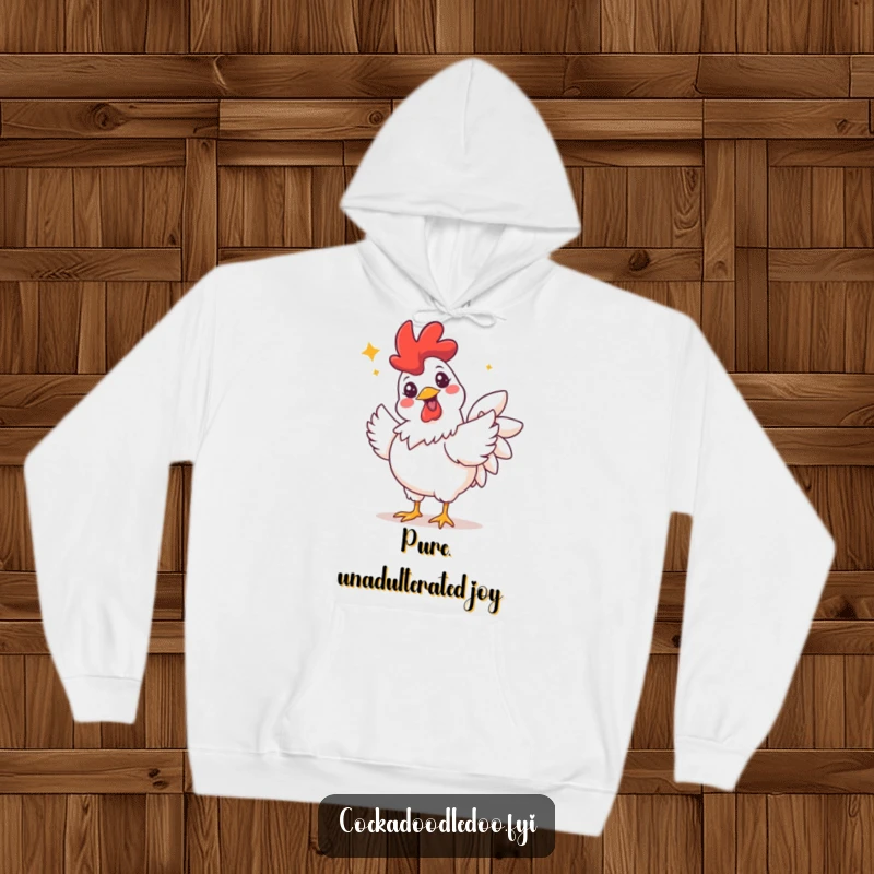 Funny hoodie depicting a rooster with a wide, sparkling-eyed grin, exuding pure joy during a celebratory flutter.