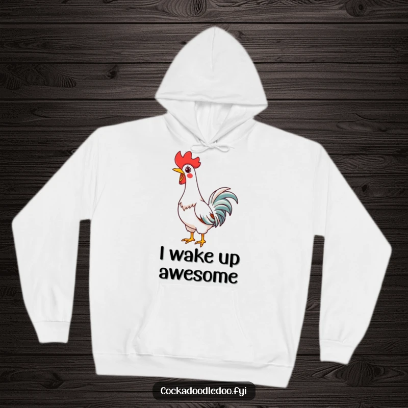 Funny Kawaii Rooster Hoodie, character stretching neck high, joyful crowing, cozy and humorous apparel.